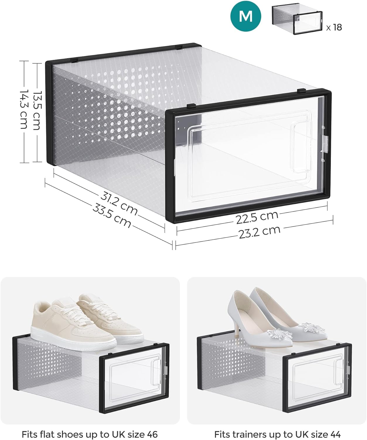 Cutii de pantofi, set de 18 organizatoare stivuibile, structura rezistenta ABS, 34x23x14cm, transparent si negru