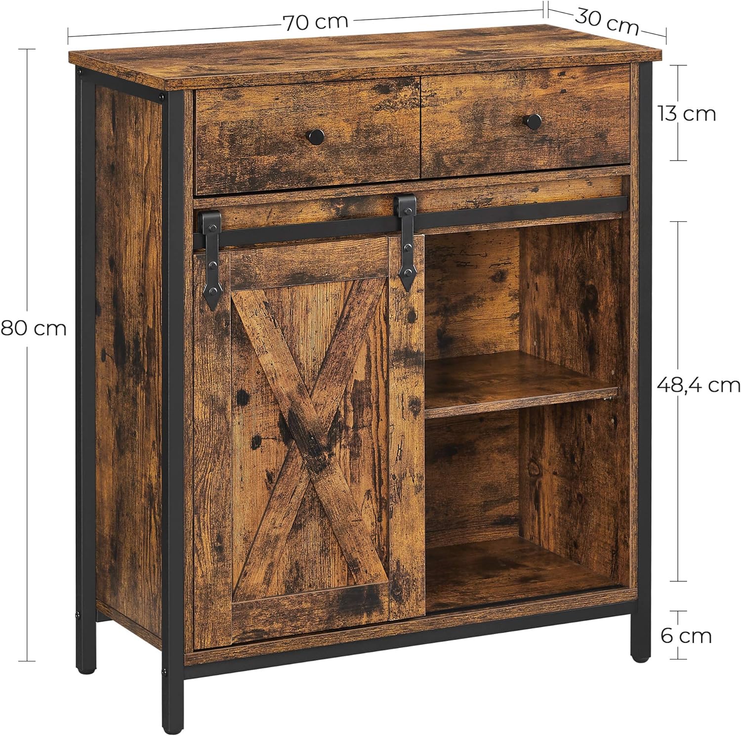 Comoda pentru living sau bucatarie, cu 2 sertare si usa glisanta, rafturi reglabile, stil rustic, 30x70x80cm, maro si negru