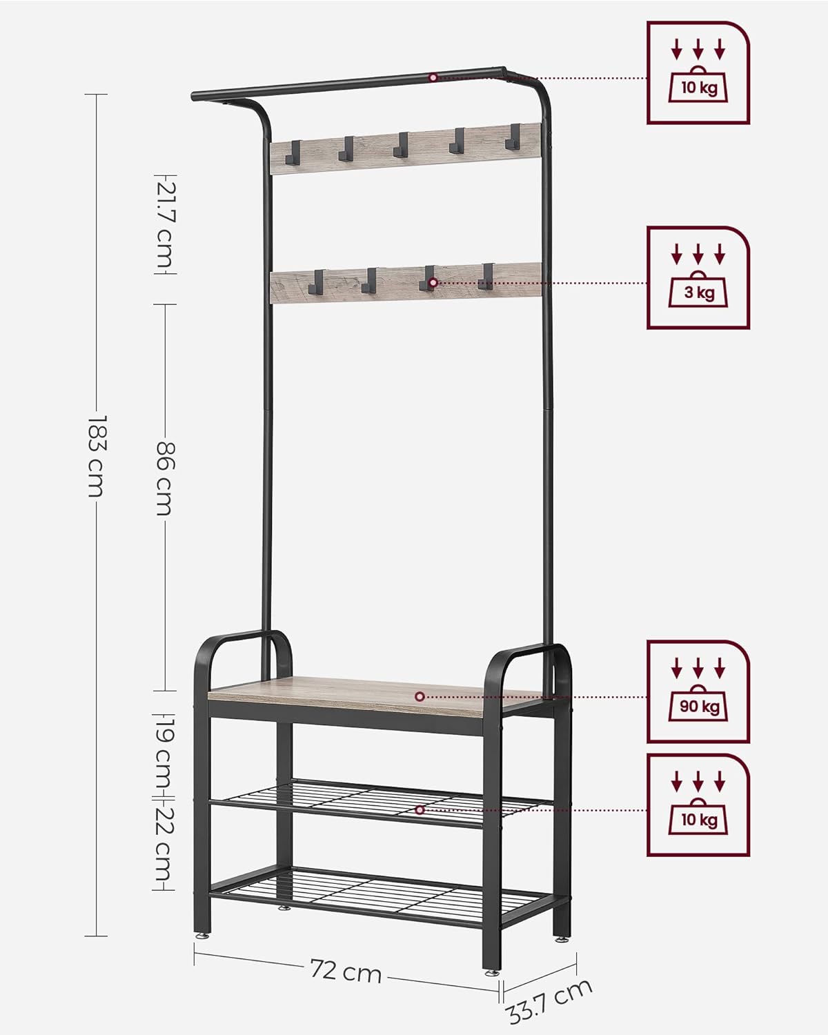 Cuier pentru haine cu banca de depozitare pantofi, cu 9 carlige si sina pentru haine, 34x72x183 cm, gri si negru