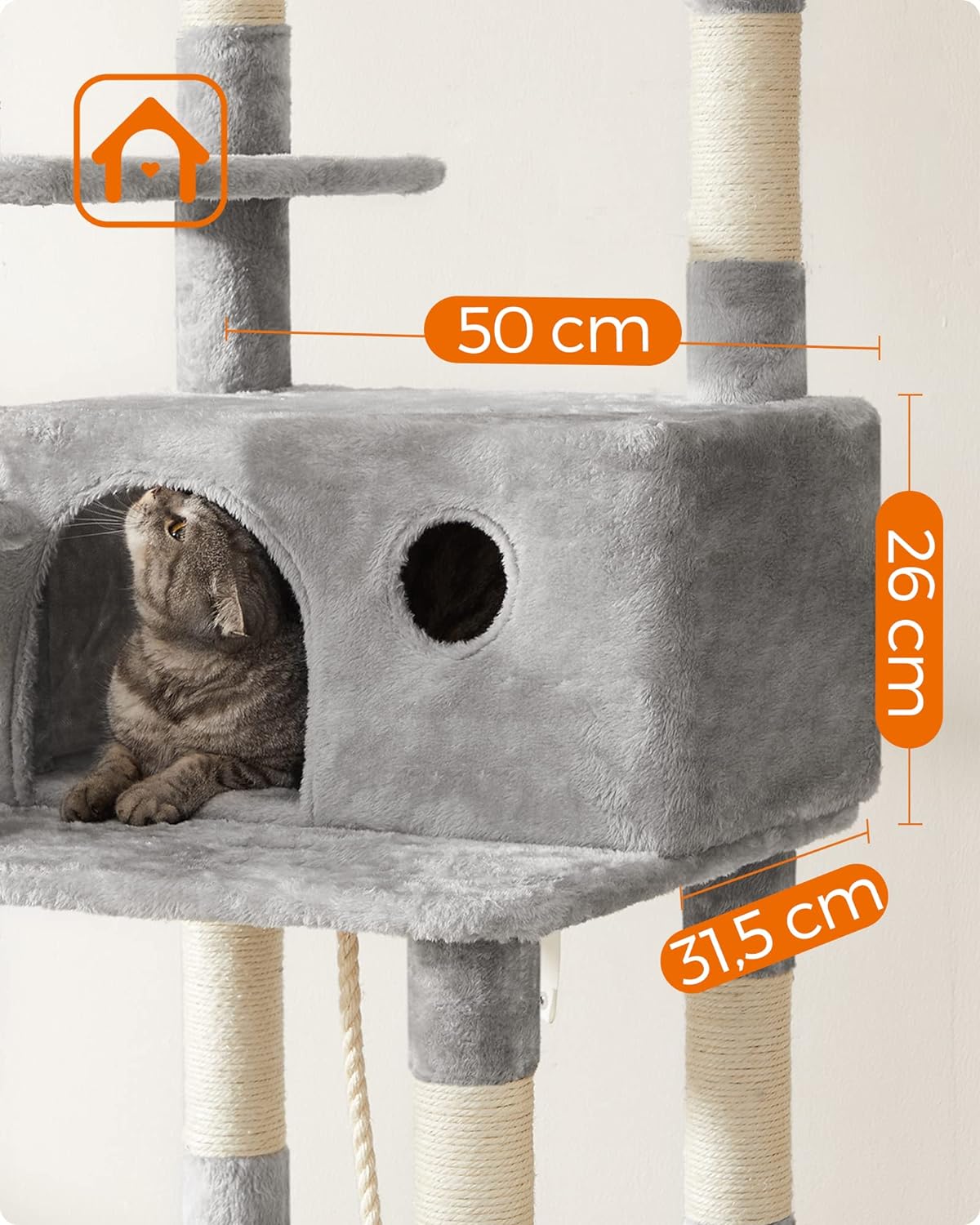 FEANDREA Ansamblu de joaca pentru pisici, tip copac, cu 3 culcusuri, hamac si ascunzatoare, 50x50x164cm, gri deschis