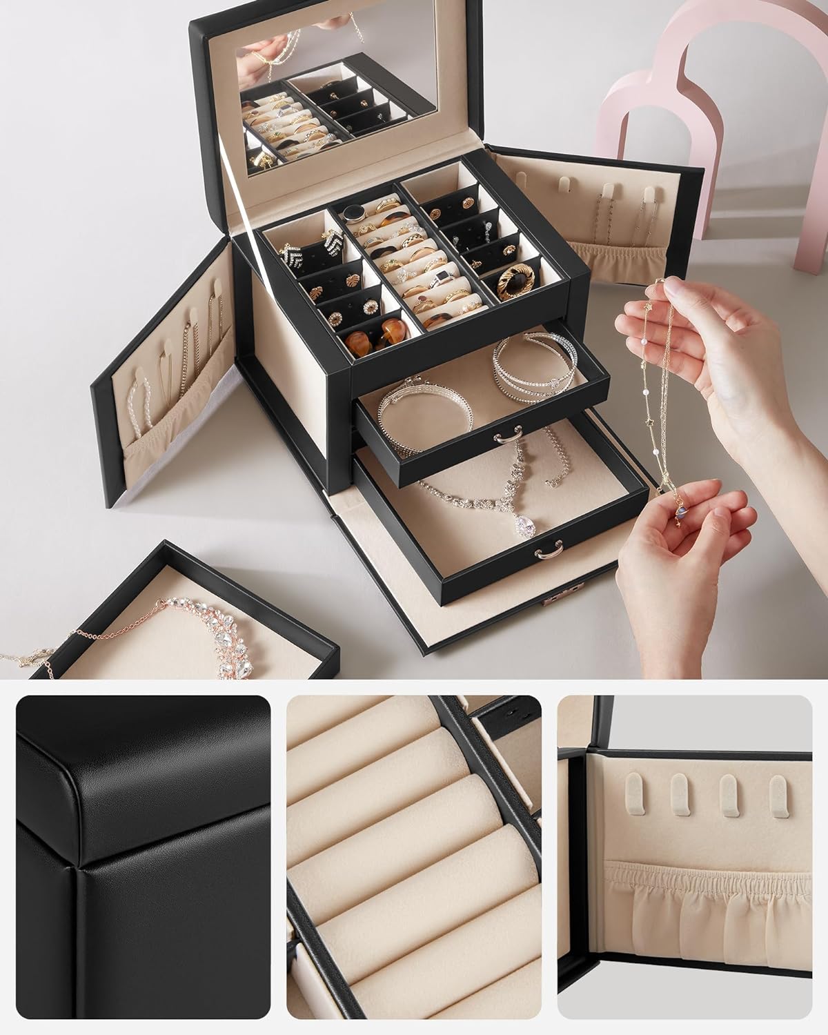 SONGMICS Cutie de bijuterii cu 4 nivele, 3 sertare, oglinda si incuietoare, 18x23x17cm, negru - 2