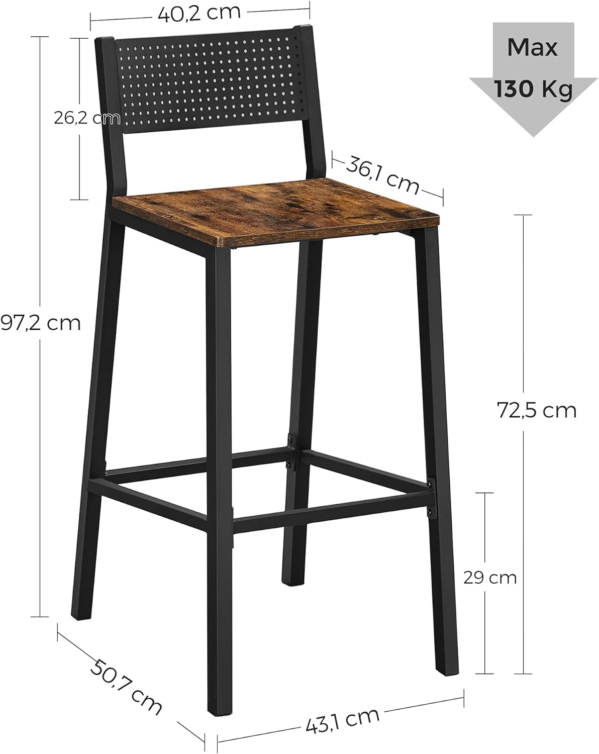 VASAGLE Set 2 scaune de bar, inalte cu spatar, cadru metalic, sezut MDF, industrial, 51x43x97cm, maro rustic si negru