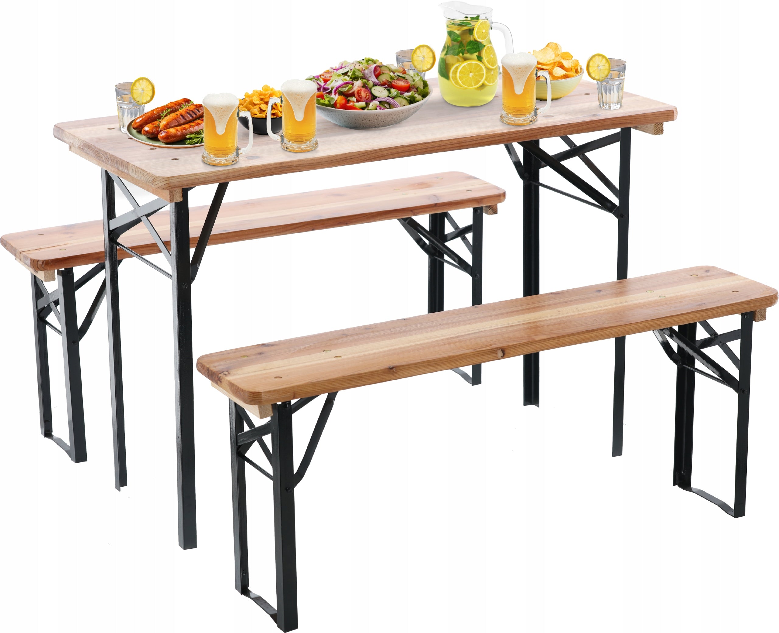 Set berarie din lemn masiv, plabil, pentru terasa sau gradina, o masa si doua banci, 117x56cm, natur