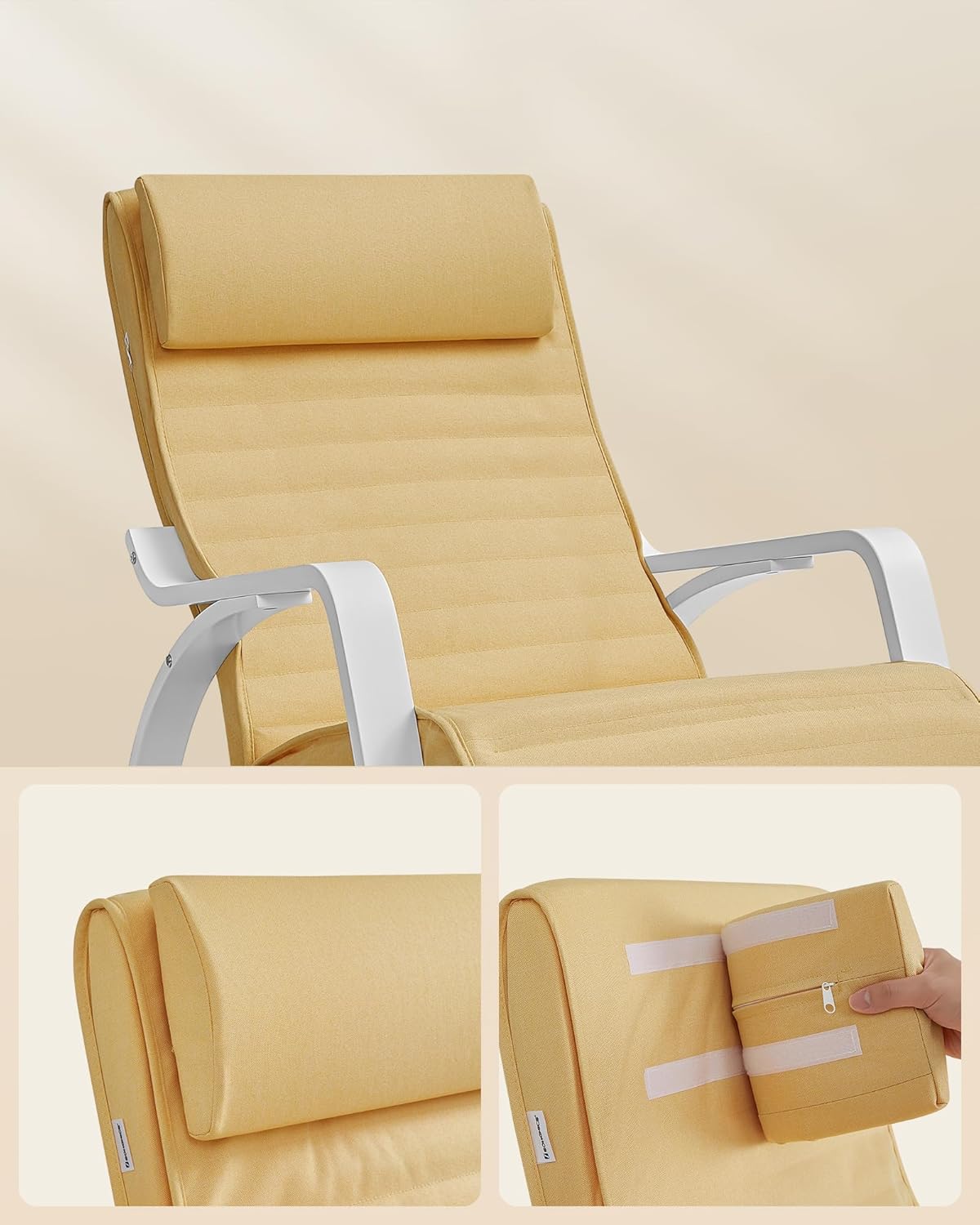 SONGMICS Scaun balansoar din lemn, suport picioare reglabil, maxim 150kg, 55x122x84cm, galben-pastel