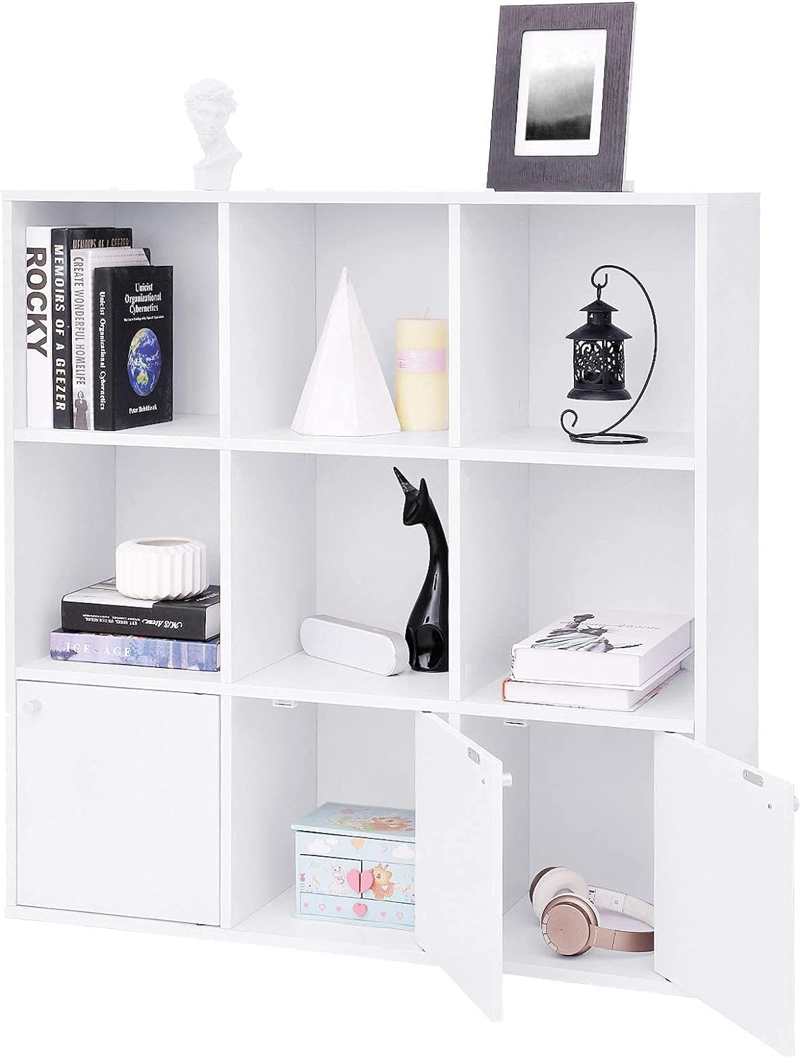 VASAGLE Biblioteca din lemn, cu 9 cuburi, 3 dulapuri inferioare, 98x98x29cm, alb