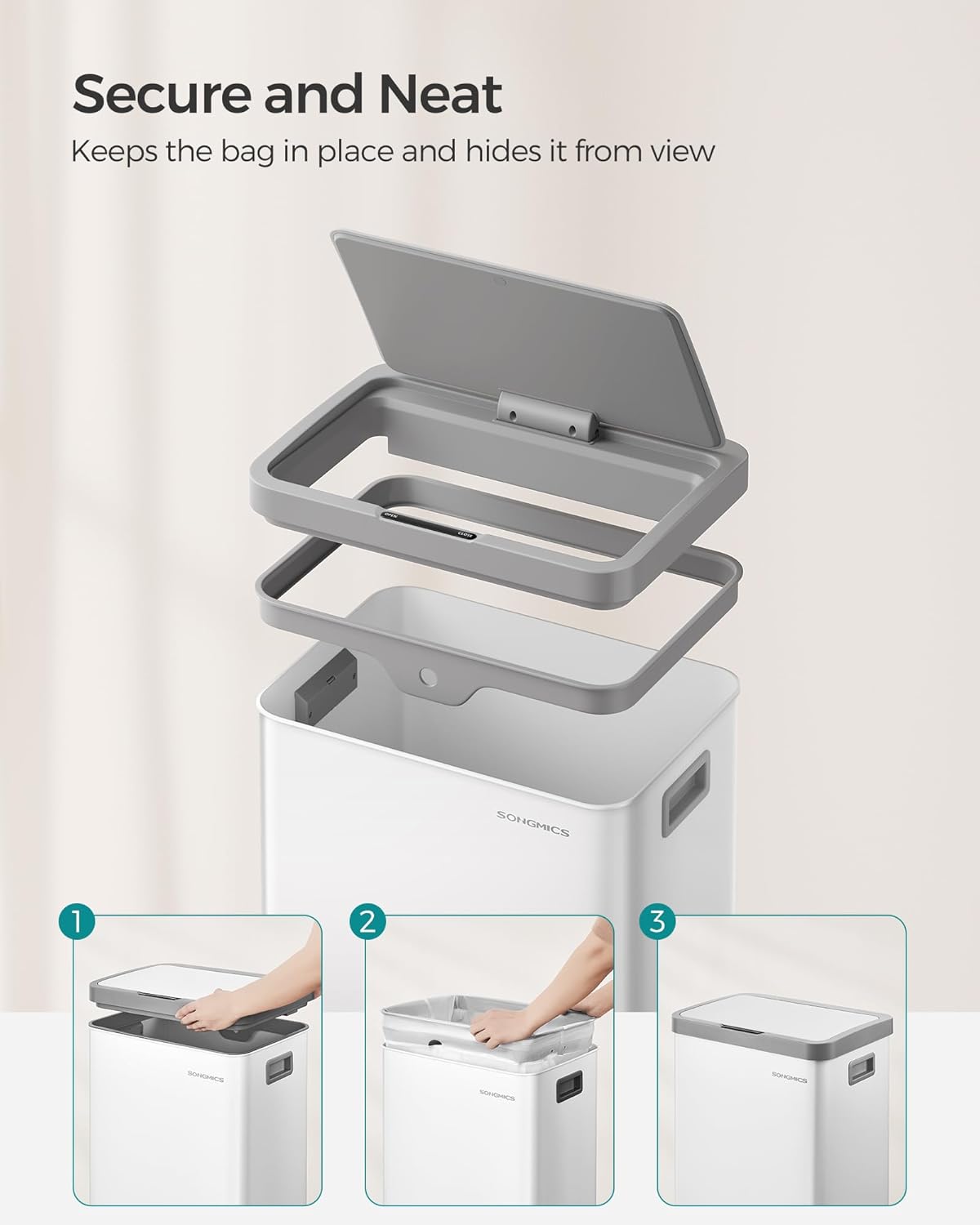 SONGMICS Cos de gunoi din inox, cu senzor si soft-close, 68 litri, 41x30x67 cm, alb