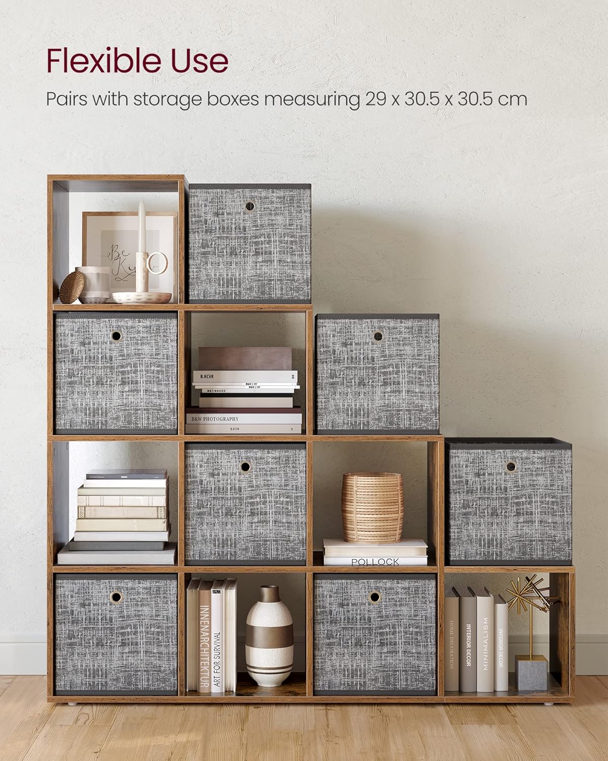 VASAGLE Biblioteca cu 10 compartimente, unitate de depozitare pentru decoratiuni, din lemn, 29x129x129cm, maro rustic