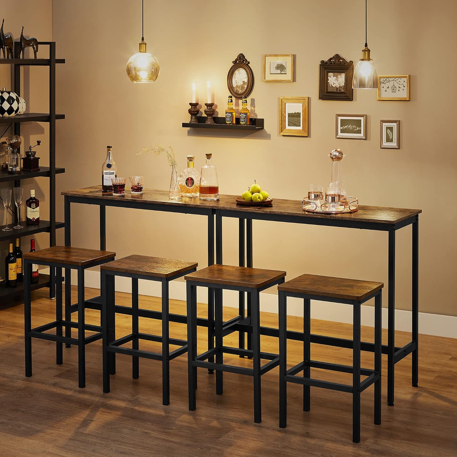 VASAGLE Set masa de bar cu 2 scaune, cadru din otel, blat lemn, design industrial, 100x40x90cm, maro rustic si negru