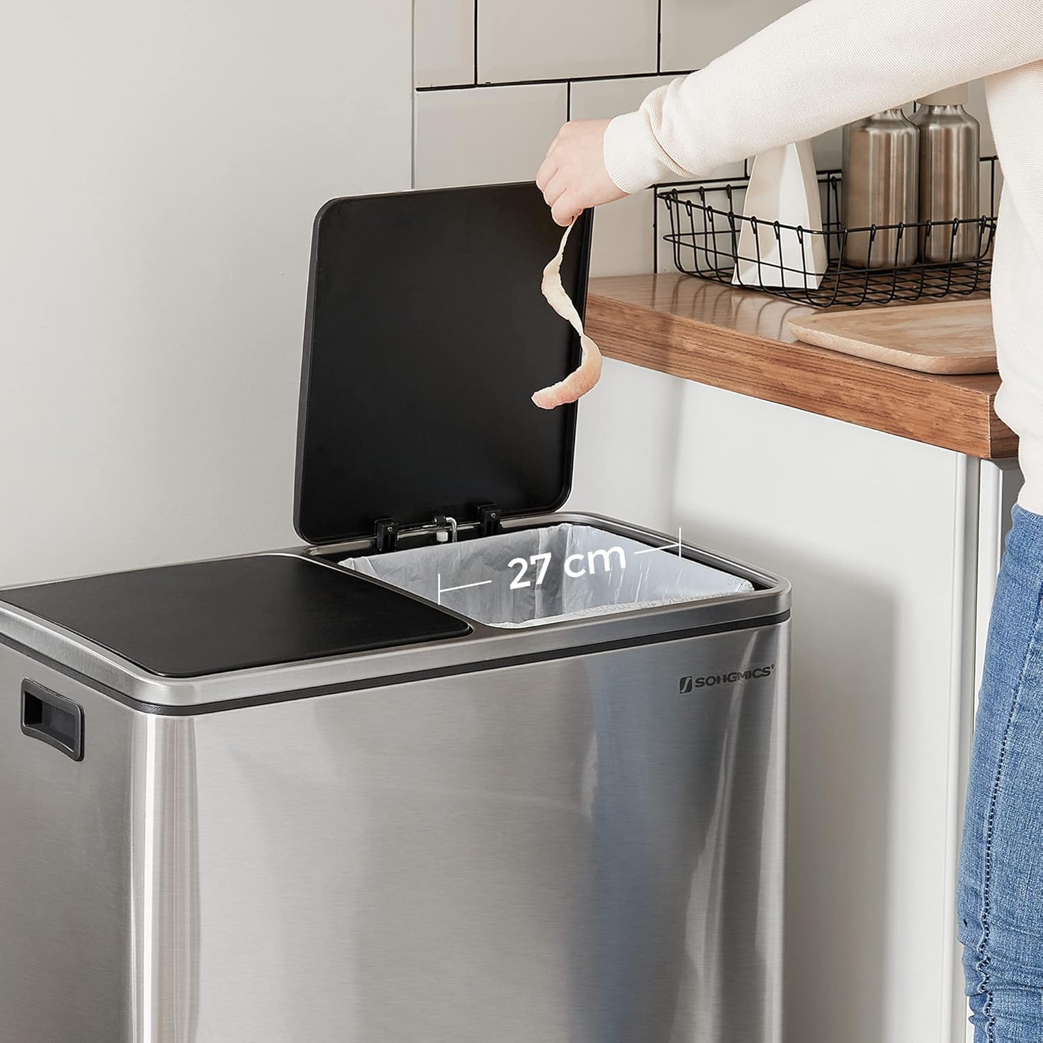 SONGMICS Cos de gunoi din inox cu 2 compartimente colectare selectiva, cu galeti interioare, 2x30litri, argintiu