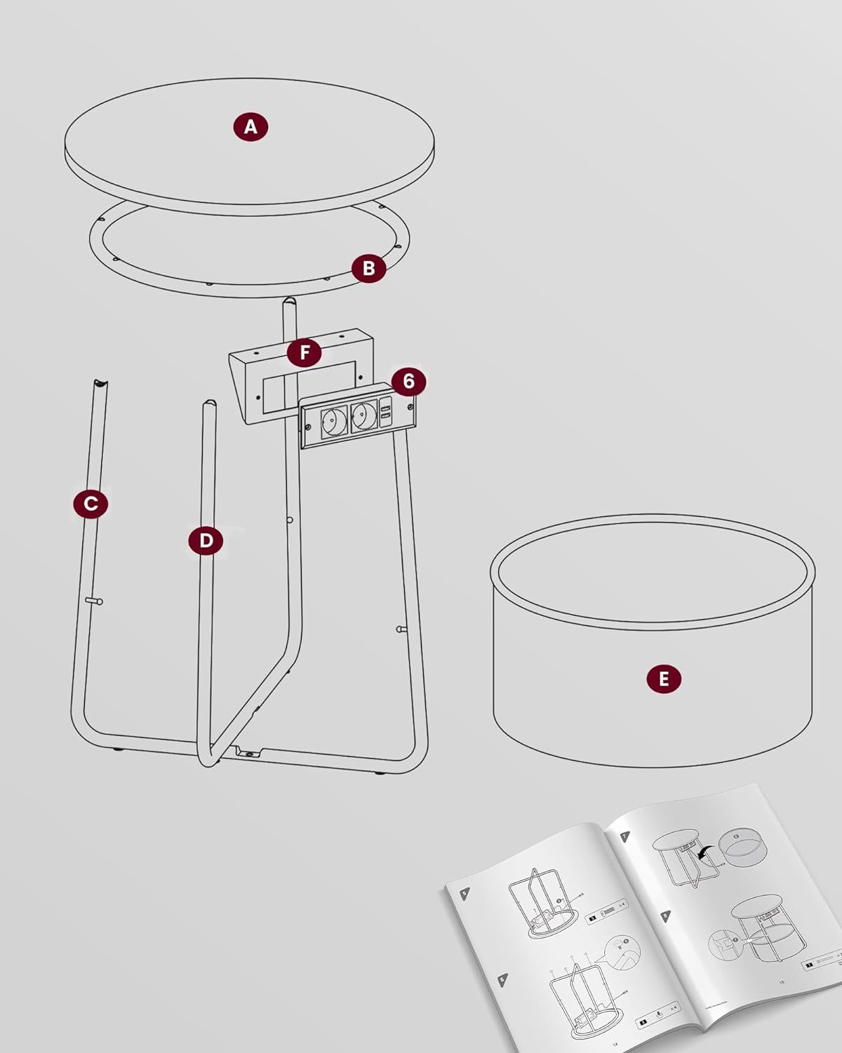 VASAGLE Masuta de cafea rotunda cu cos de stofa, statie de incarcare 2 prize si 2 USB, 45x50cm, gri argintiu