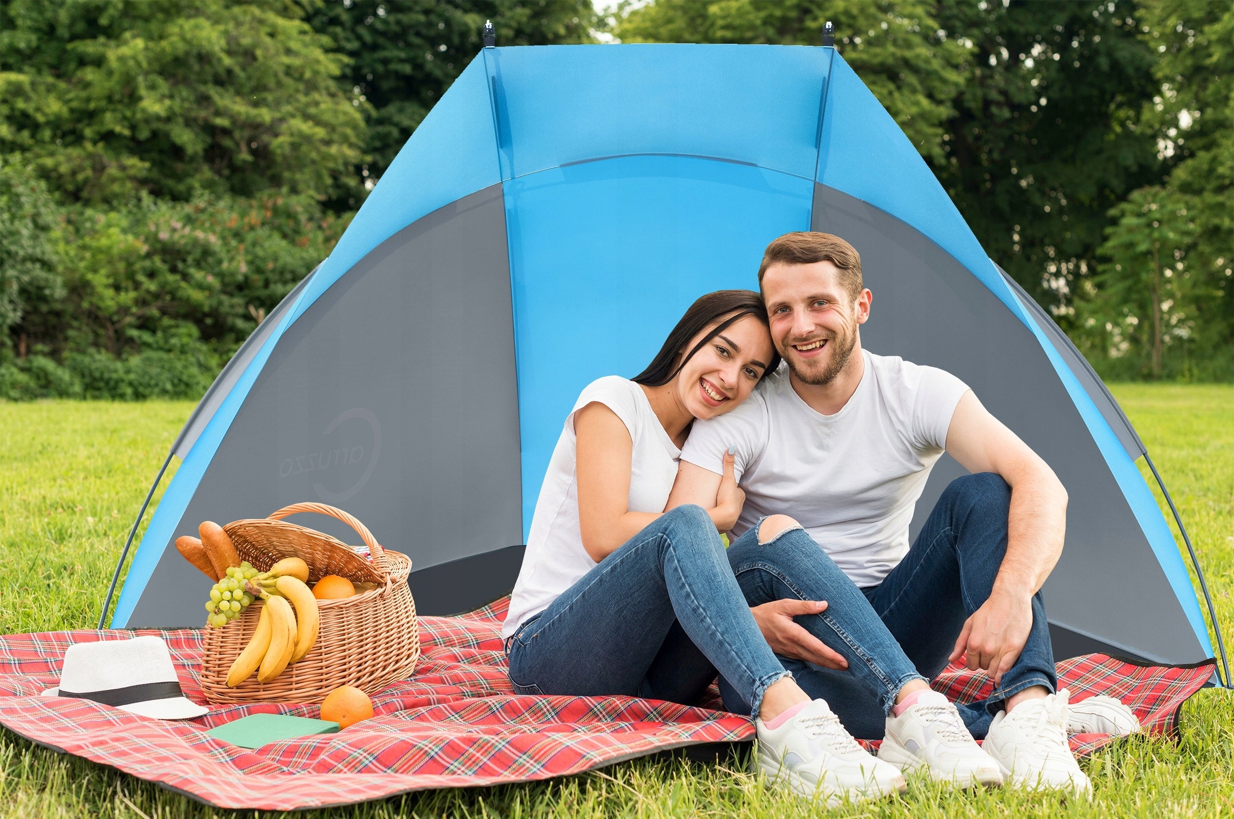 Cort plaja si picnic deschis Sersimo, protectie UV, 220x115x120cm, albastru gri