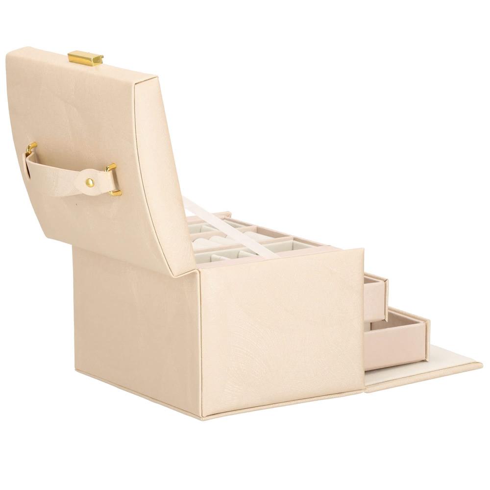 Cutie depozitare si organizare bijuterii, piele ecologica + velur, 18 x 13,5 x 14cm, crem