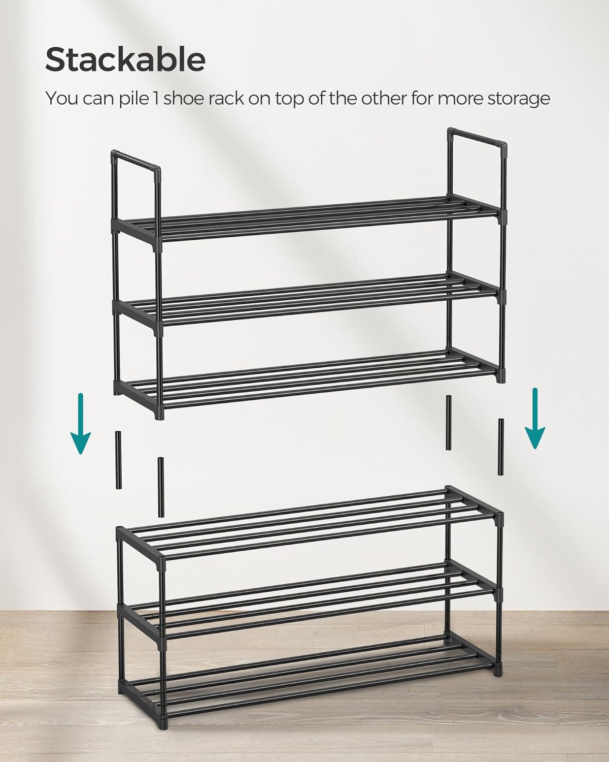 SONGMICS Suport pentru pantofi cu 3 nivele, structura metalica, pentru 12-15 perechi, 92x30x55cm, negru