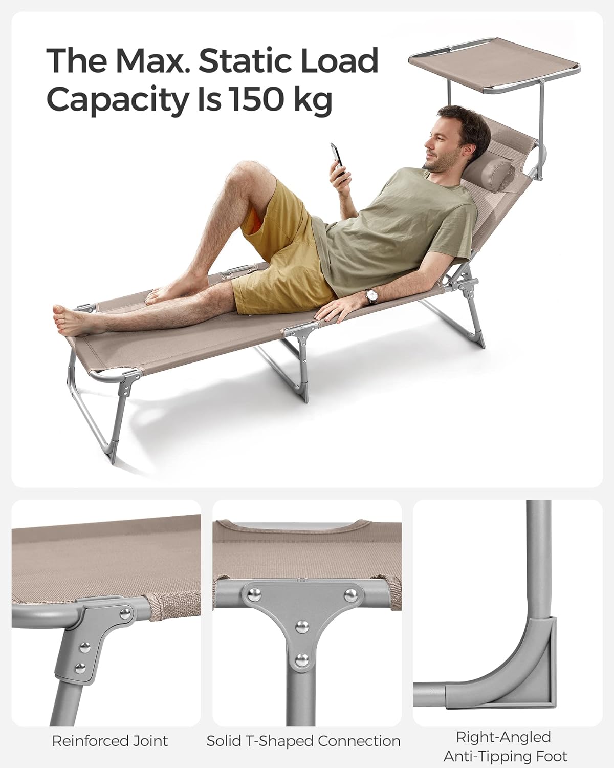 SONGMICS Sezlong pliabil, cu parasolar si tetiera, spatar reglabil in 4 pozitii, maxim 150kg, 193x53x29cm, crem