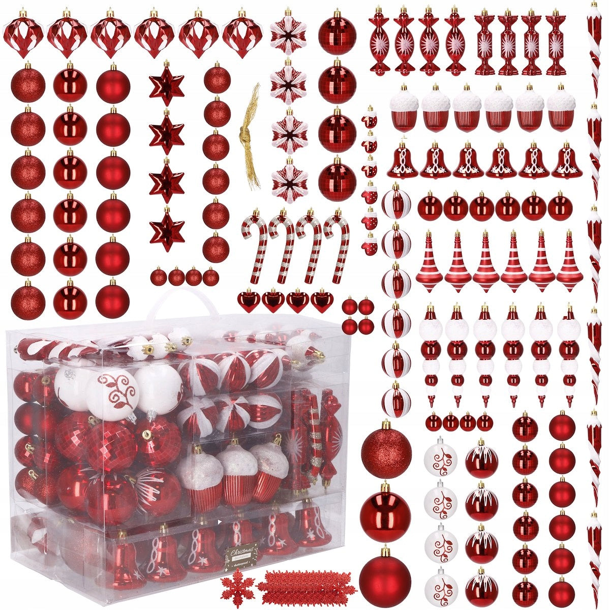 Set globuri si decoratiuni de Craciun, 153 piese, diverse dimensiuni, rosu