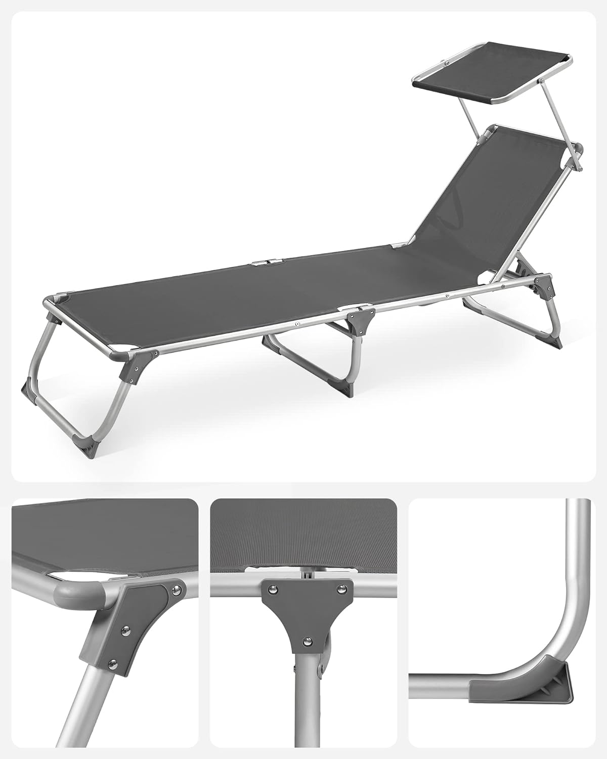 SONGMICS Sezlong pliabil, cu parasolar, spatar reglabil in 5 pozitii, maxim 150kg, 193x55x31cm, gri