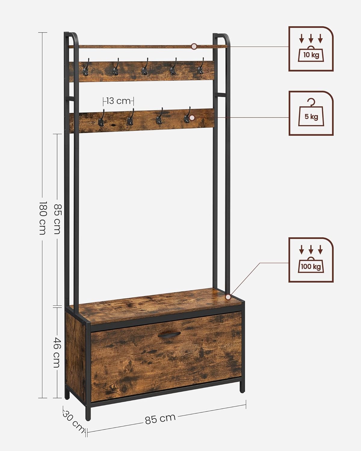 VASAGLE Cuier cu dulap de depozitare pantofi, cadru din otel, stil industrial, 32x85x180cm, maro rustic