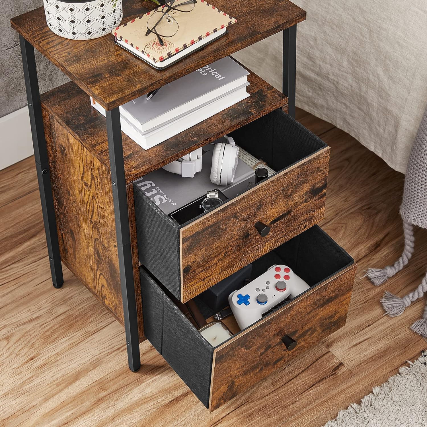 Noptiera cu 2 sertare pentru dormitor, design industrial, 28x38x60cm, maro si negru