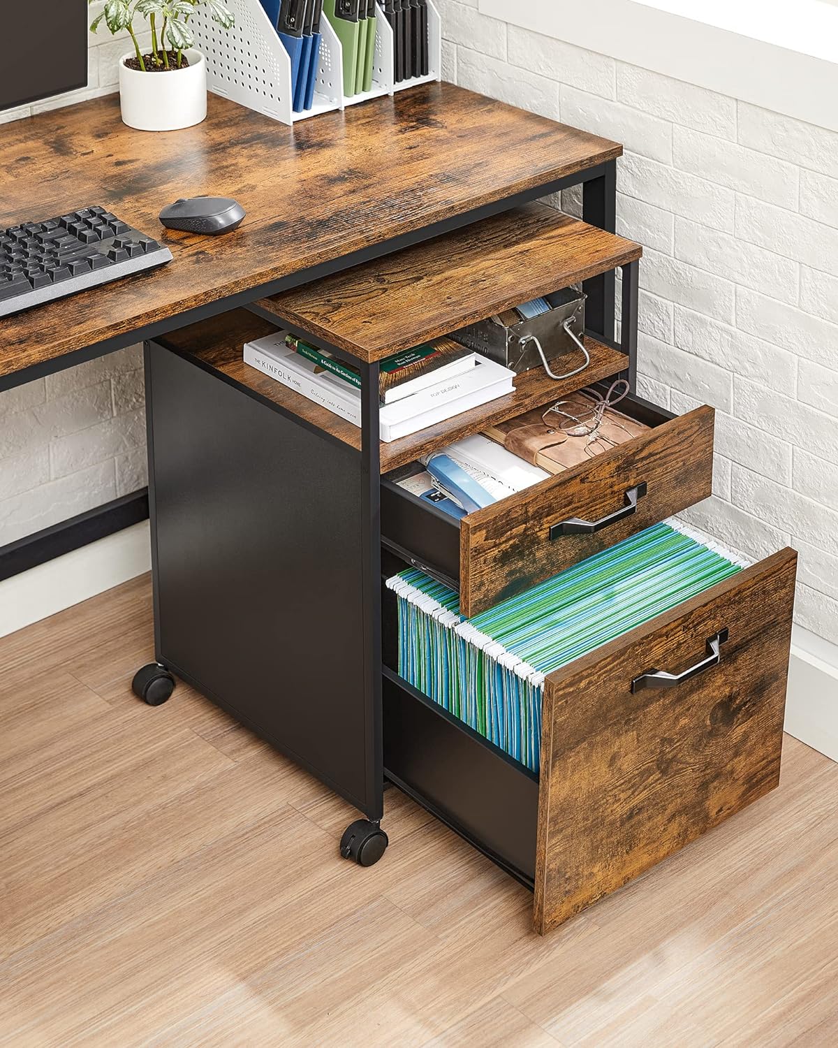 VASAGLE Dulap mobil tip rollbox pentru birouri, cu 2 sertare, stil industrial, 44x42x67cm, maro rustic