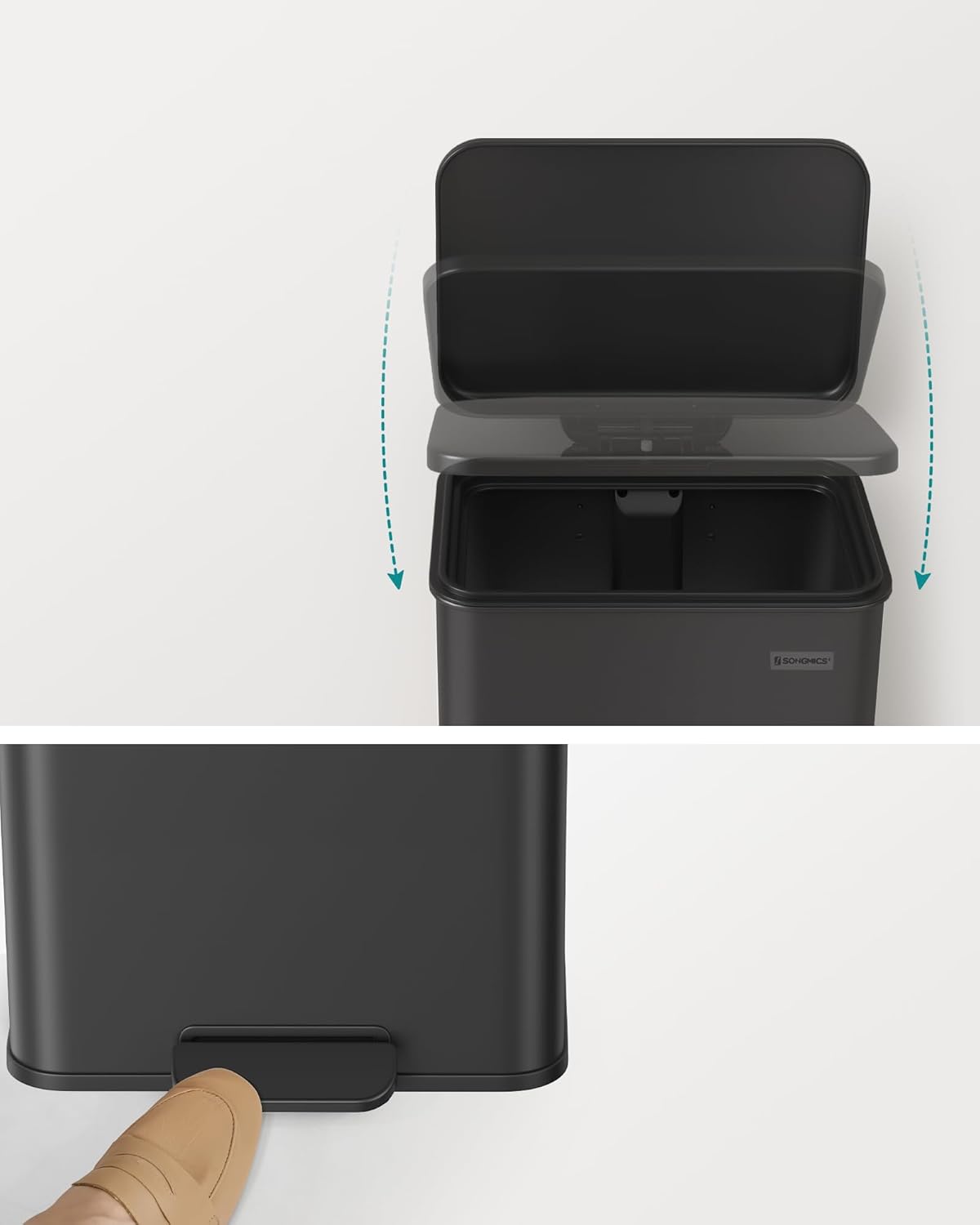 SONGMICS Cos de gunoi din otel, cu pedala si soft-close, saci gunoi inclusi, 40 litri, negru