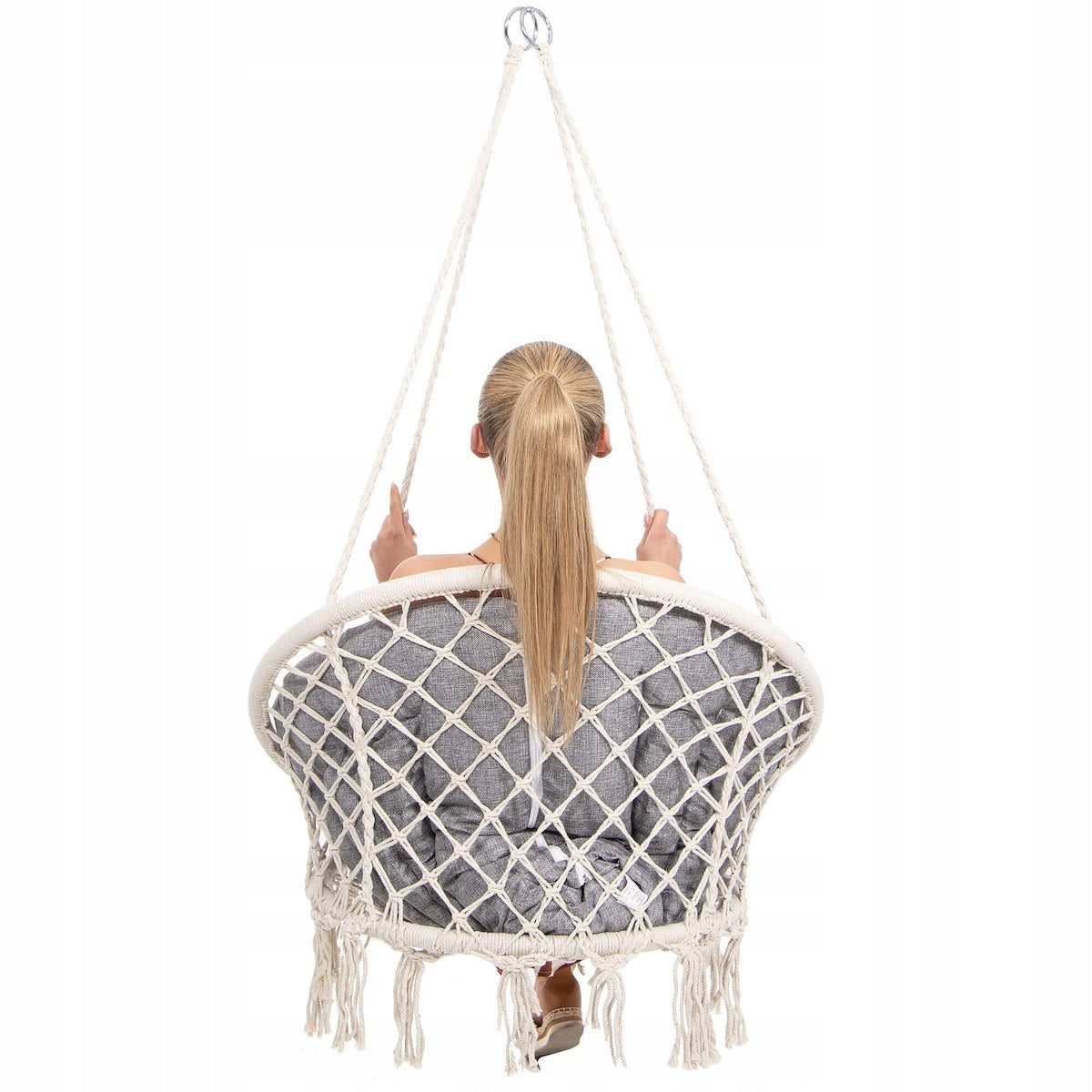 Scaun rotund Sersimo tip leagan suspendat cu perna Confort Plus casa sau gradina, bej