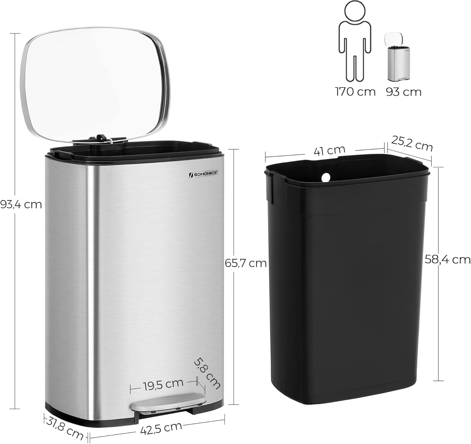 SONGMICS Cos de gunoi din otel, cu pedala si soft-close, galeata interioara, 50 litri, argintiu