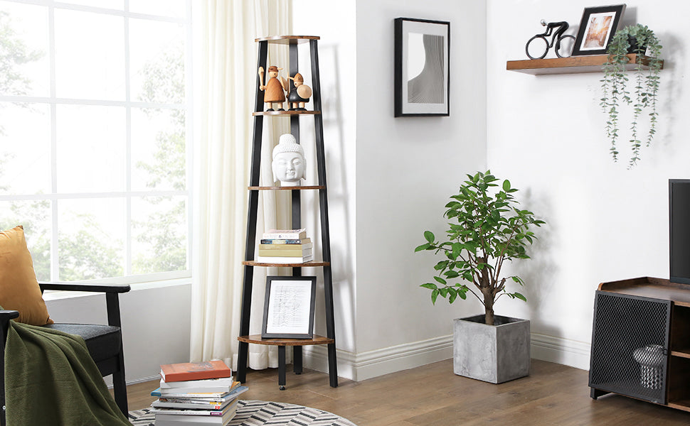 VASAGLE Raft de colt cu 5 etaje, tip biblioteca, cadru metal si polite lemn, 33x34x159cm, industrial, maro rustic si negru