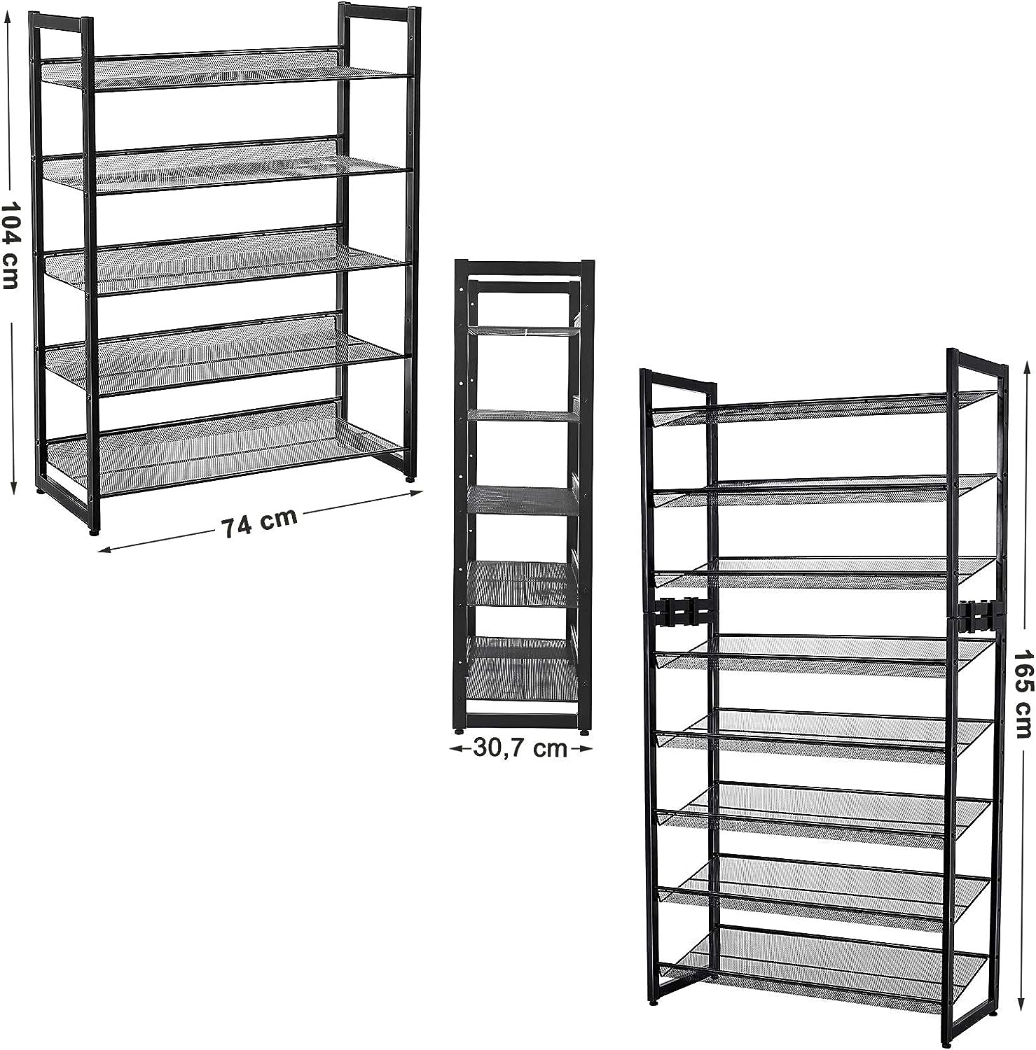 SONGMICS Raft de depozitare pantofi pe 5 niveluri, metal, rafturi plate sau unghiulare reglabile, 31x74x104cm, negru