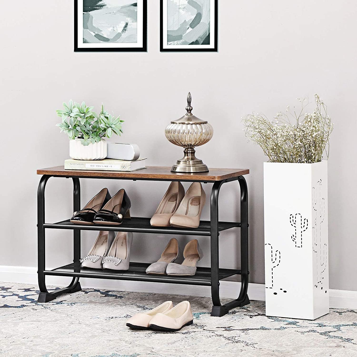 VASAGLE Raft pentru pantofi metalic, cu 2 polite, stil industrial, 66x45x30cm, maro