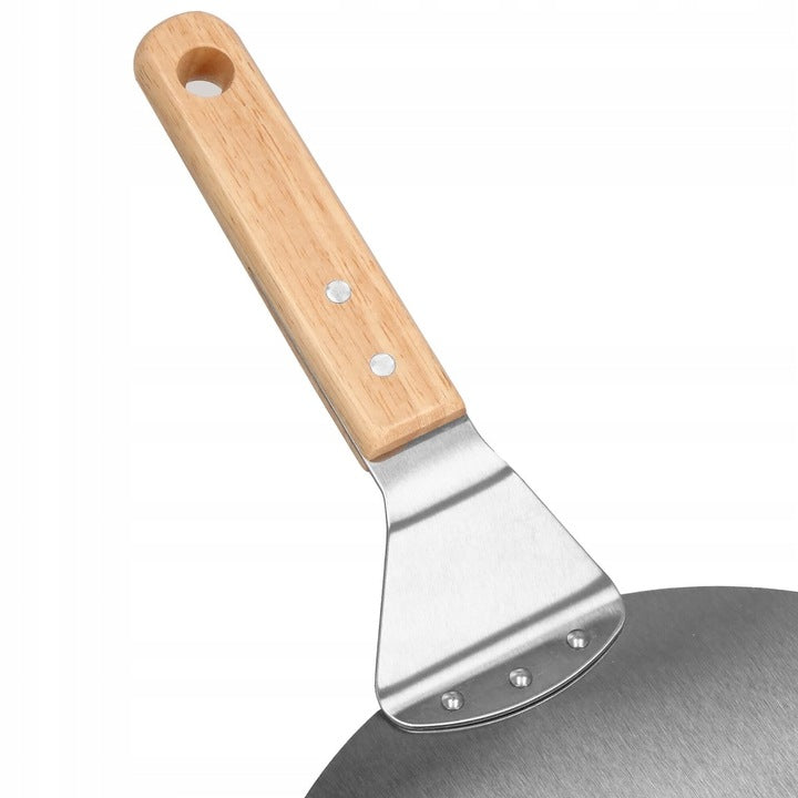 Set 3 accesorii pentru pizza, tava, spatula si taietor, inox cu manere din lemn