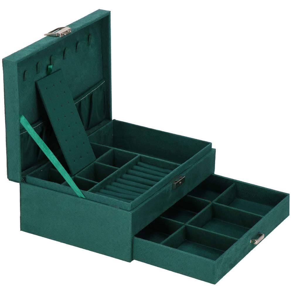 Cutie depozitare si organizare bijuterii, velur, 27 x 19 x 10,5 cm, verde