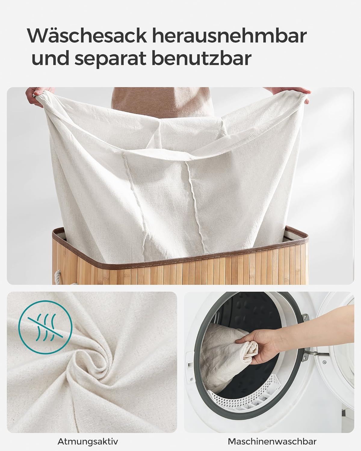 SONGMICS Cos de rufe din bambus, pliabil, cu captuseala detasabila lavabila, 3 compartimente, 150L, 60x40x60cm, natural