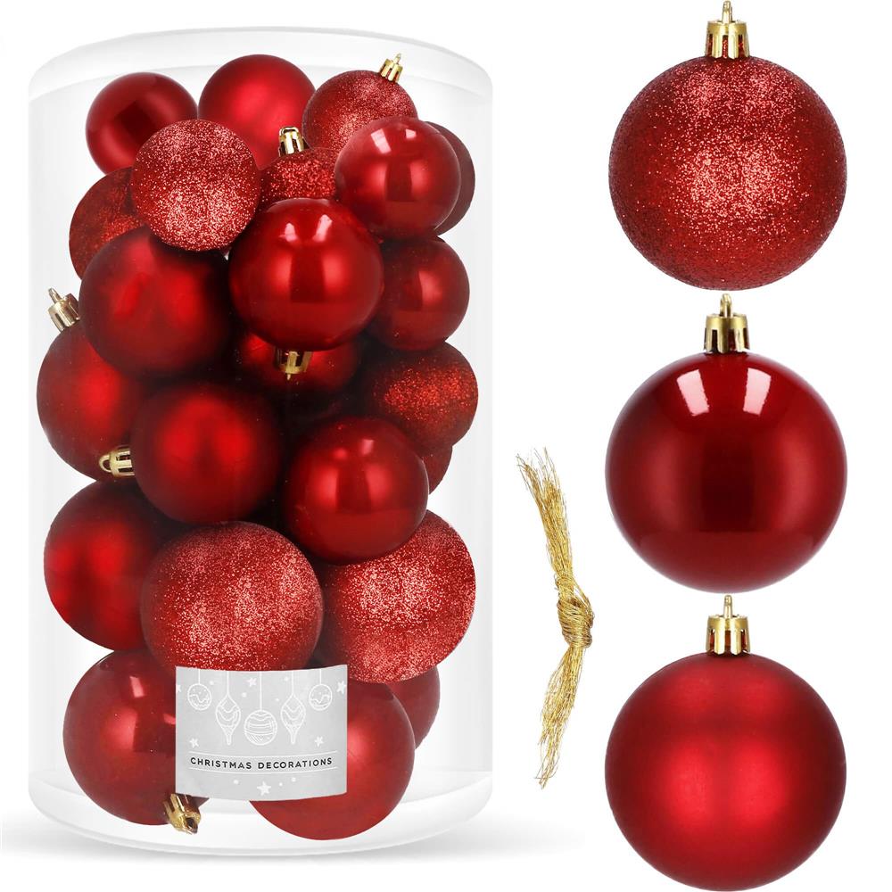 Set globuri de Craciun, 30 bucati, 3 modele, 4/5/6cm, rosu