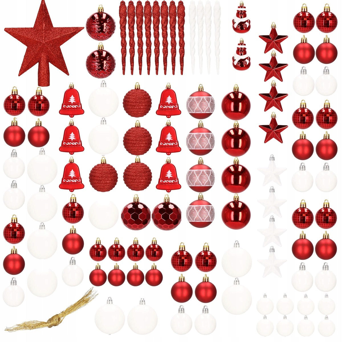 Set globuri si decoratiuni de Craciun, 105 piese, diverse dimensiuni, alb rosu