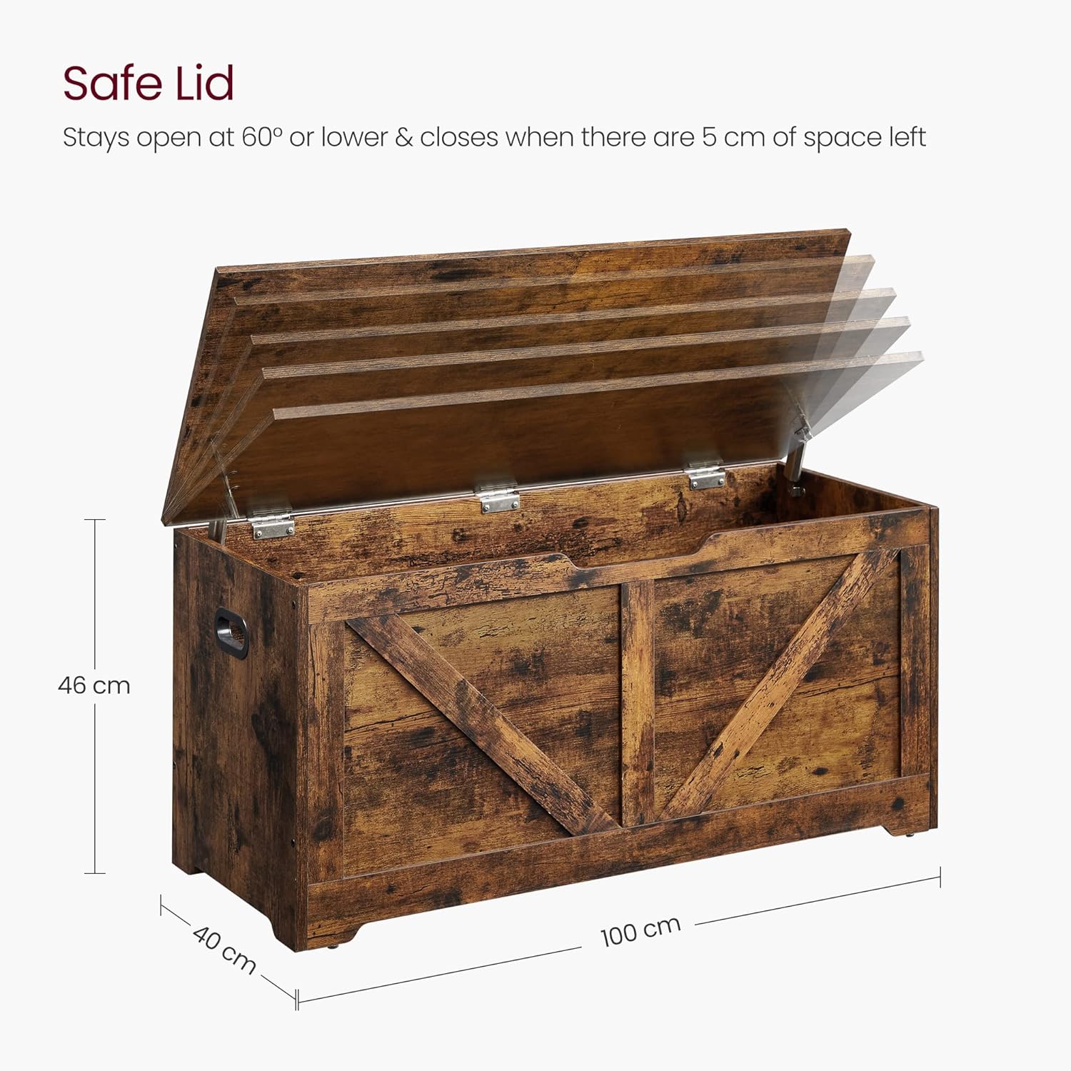 VASAGLE Banca de depozitare tip cufar, cu 2 balamale de siguranta, stil hambar, 40x100x46cm, maro rustic