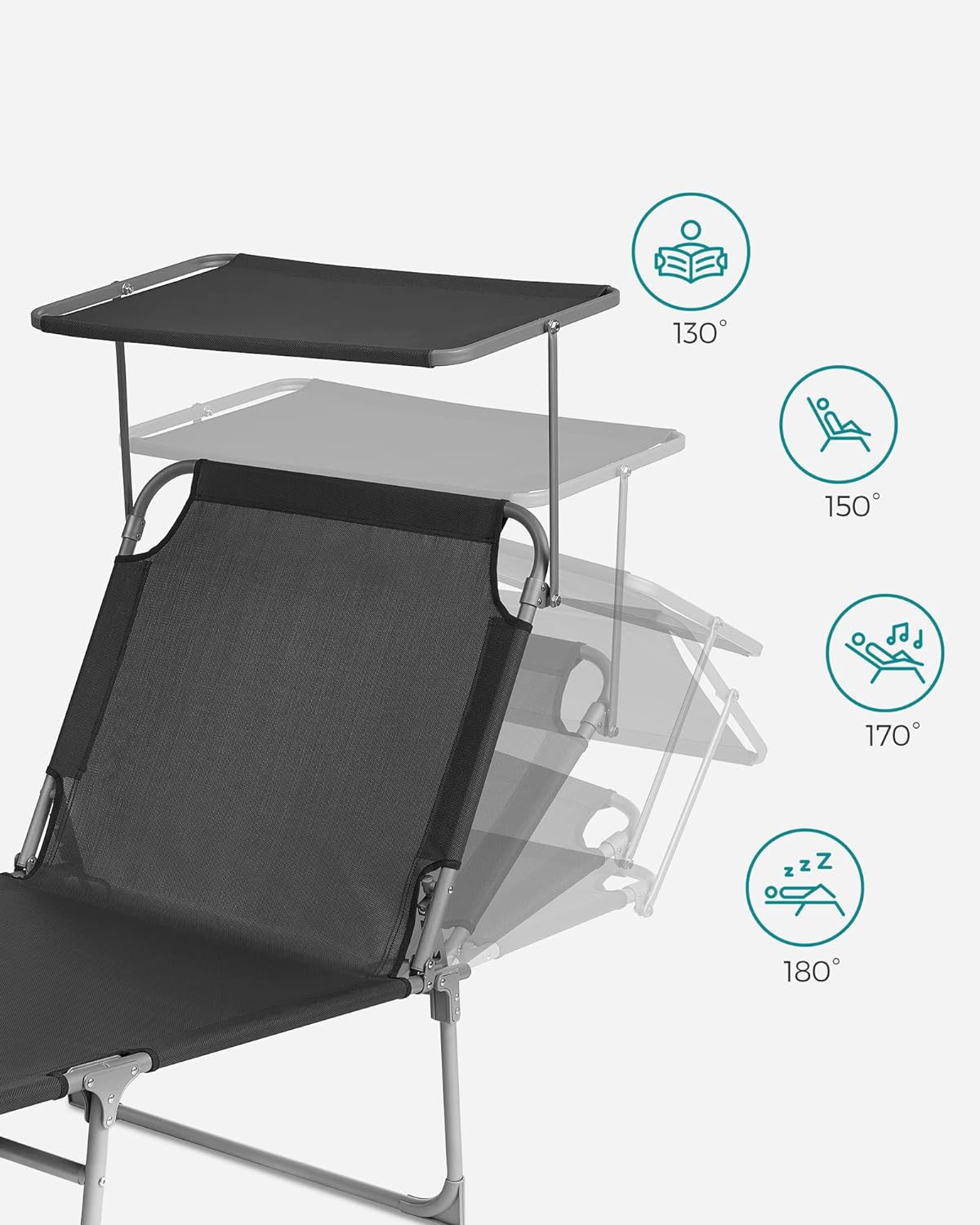 SONGMICS Sezlong pliabil, cu parasolar si tetiera, spatar reglabil in 4 pozitii, maxim 150kg, 200x71x38cm, gri