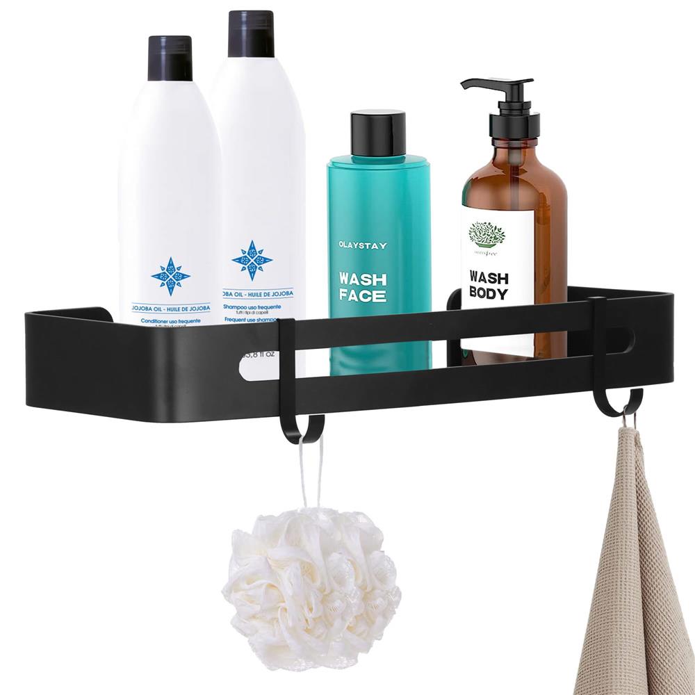 Raft de baie cu 2 agatatori, 2 sisteme instalare pe perete, aluminiu, 32x12x4cm, negru