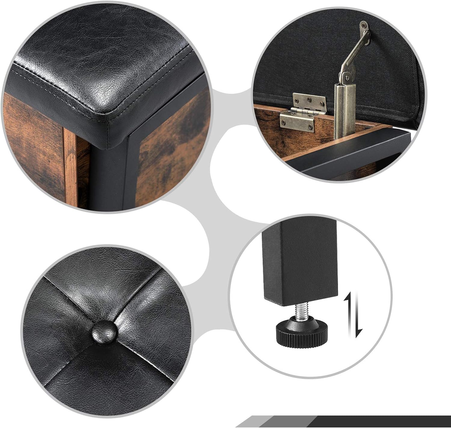 VASAGLE Pantofar de lemn cu spatiu de depozitare tip banca, cu sezut captusit si polita depozitare, stil industrial, 100x40x47cm, maro rustic si negru
