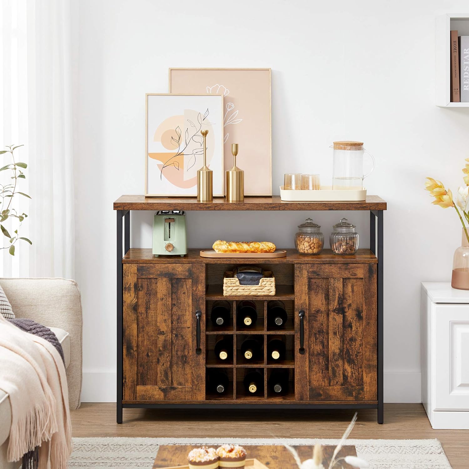 VASAGLE Comoda tip bufet, cu 2 usi si suport pentru sticle vin, stil industrial, 100x35x81cm, maro rustic si negru