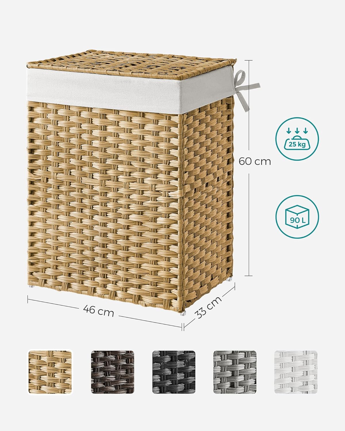SONGMICS Cos de rufe stil ratan, cu captuseala detasabila lavabila, 90 litri, 46x33x60 cm, natural
