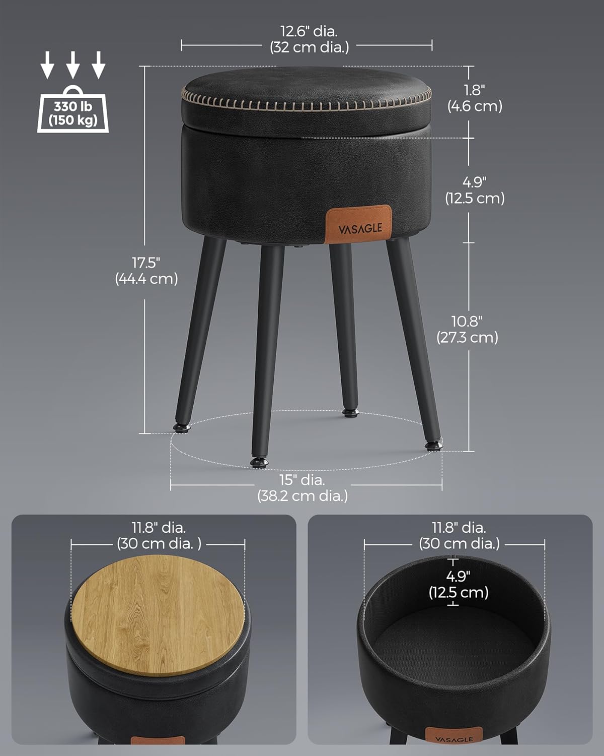 VASAGLE Taburet cu spatiu de depozitare, tapitat PU, cu 2 fete, diametru 32 cm, negru