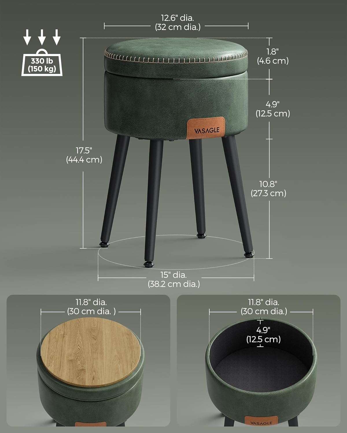 VASAGLE Taburet cu spatiu de depozitare, tapitat PU, cu 2 fete, diametru 32 cm, verde