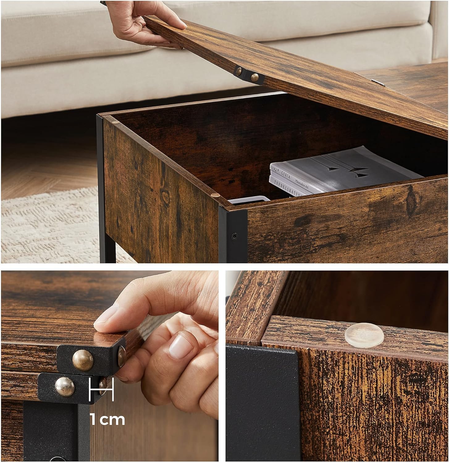 Masuta de cafea cu capac rabatabil, compartiment depozitare ascuns si raft plasa, industrial, 100x55x47cm, maro rustic si negru