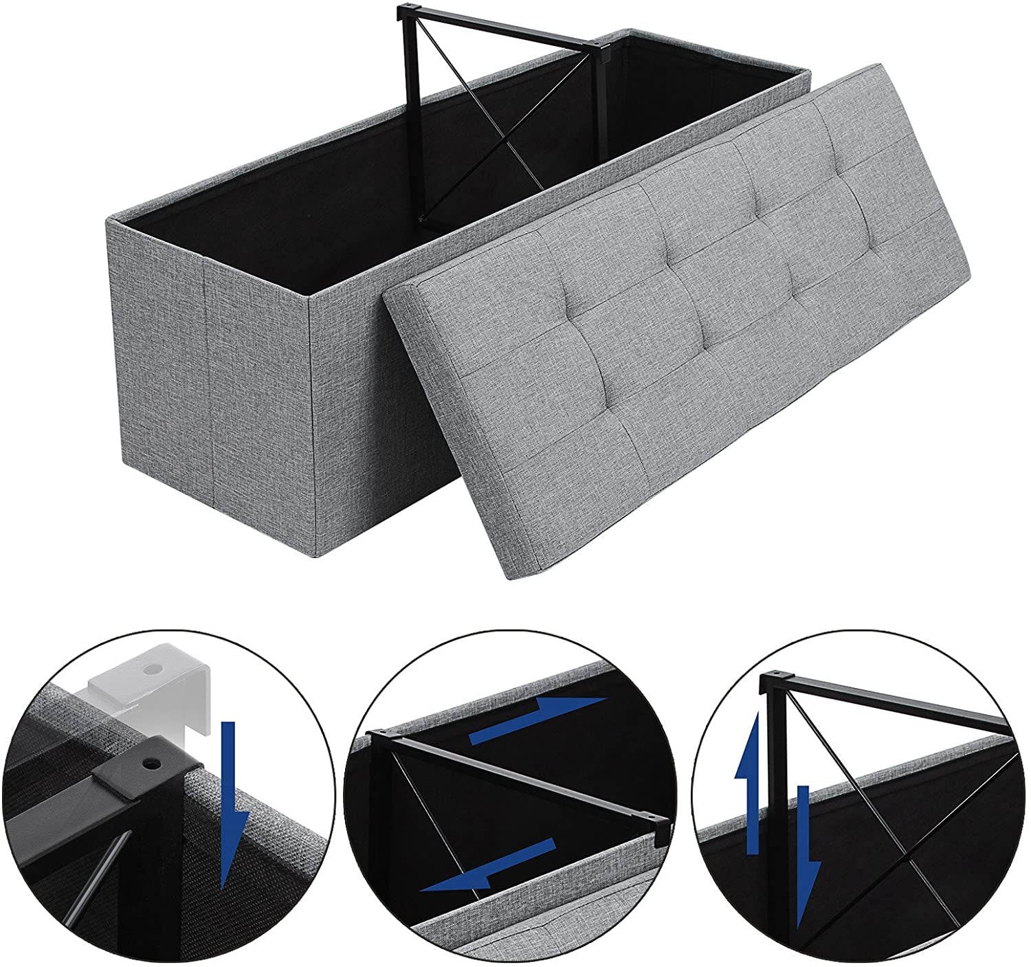 SONGMICS Taburet pliabil cu sezut moale, spatiu de depozitare 131litri, maxim 300kg, 110x38x38cm, gri