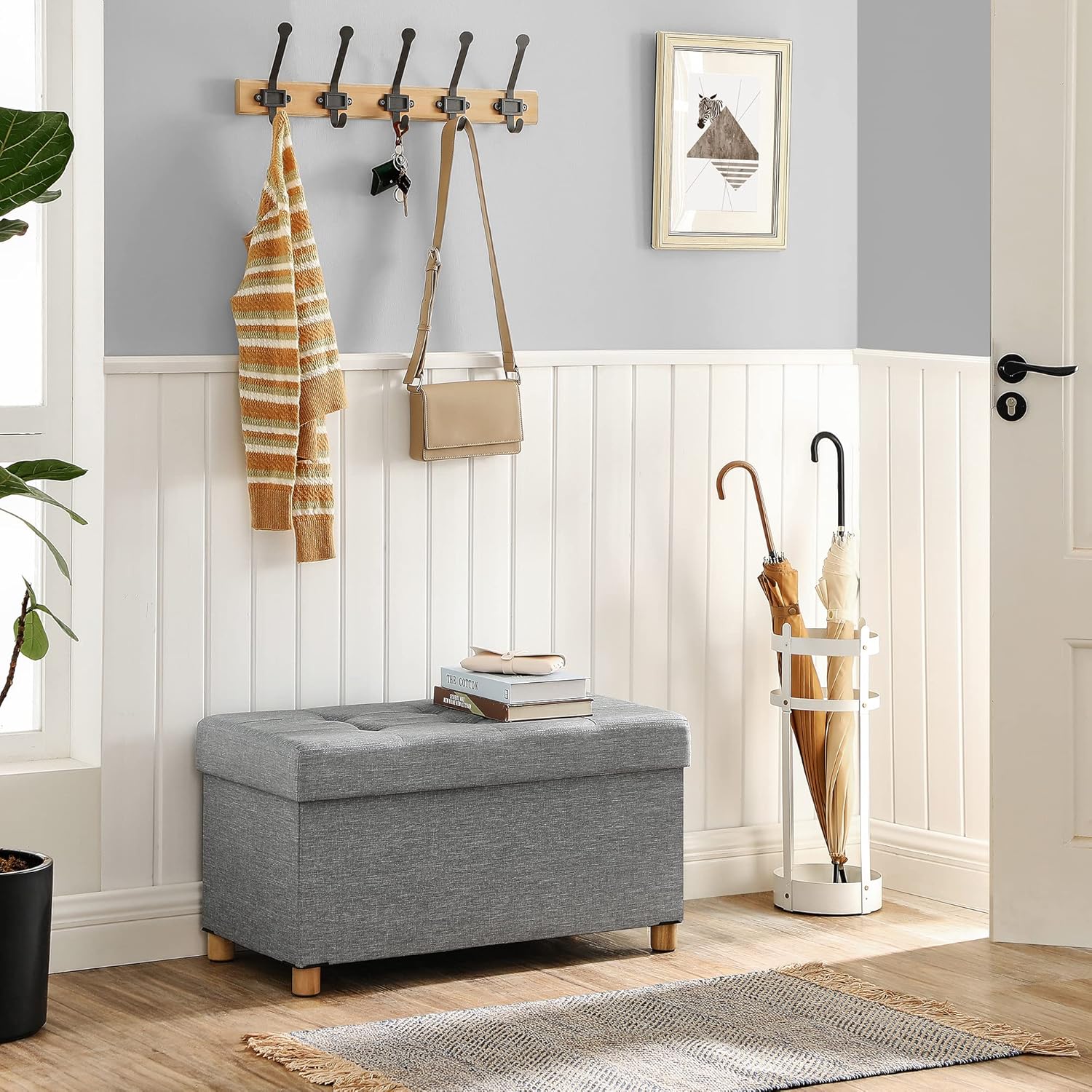 SONGMICS Taburet pliabil cu sezut moale, spatiu de depozitare, maxim 300 kg, 76x38x40 cm, gri deschis