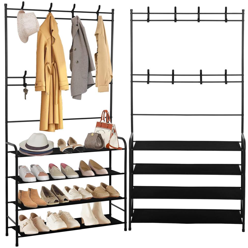 Cuier pentru haine cu banc de depozitare pantofi pe 4 polite, cadru metalic, 25x80x150cm, negru