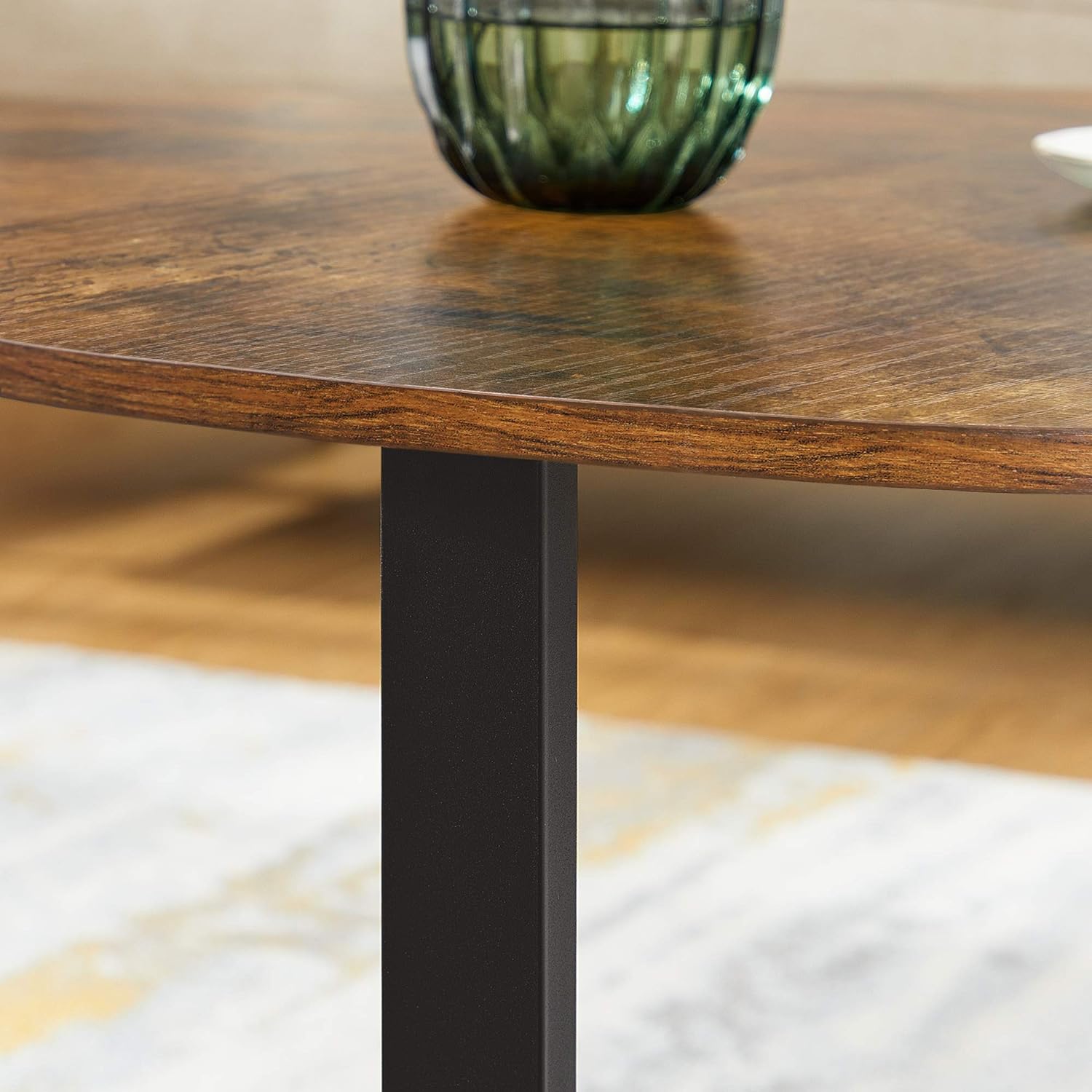 Masa de cafea rotunda, stil industrial, cadru metalic si blat lemn, 88x88x47cm, maro rustic si negru