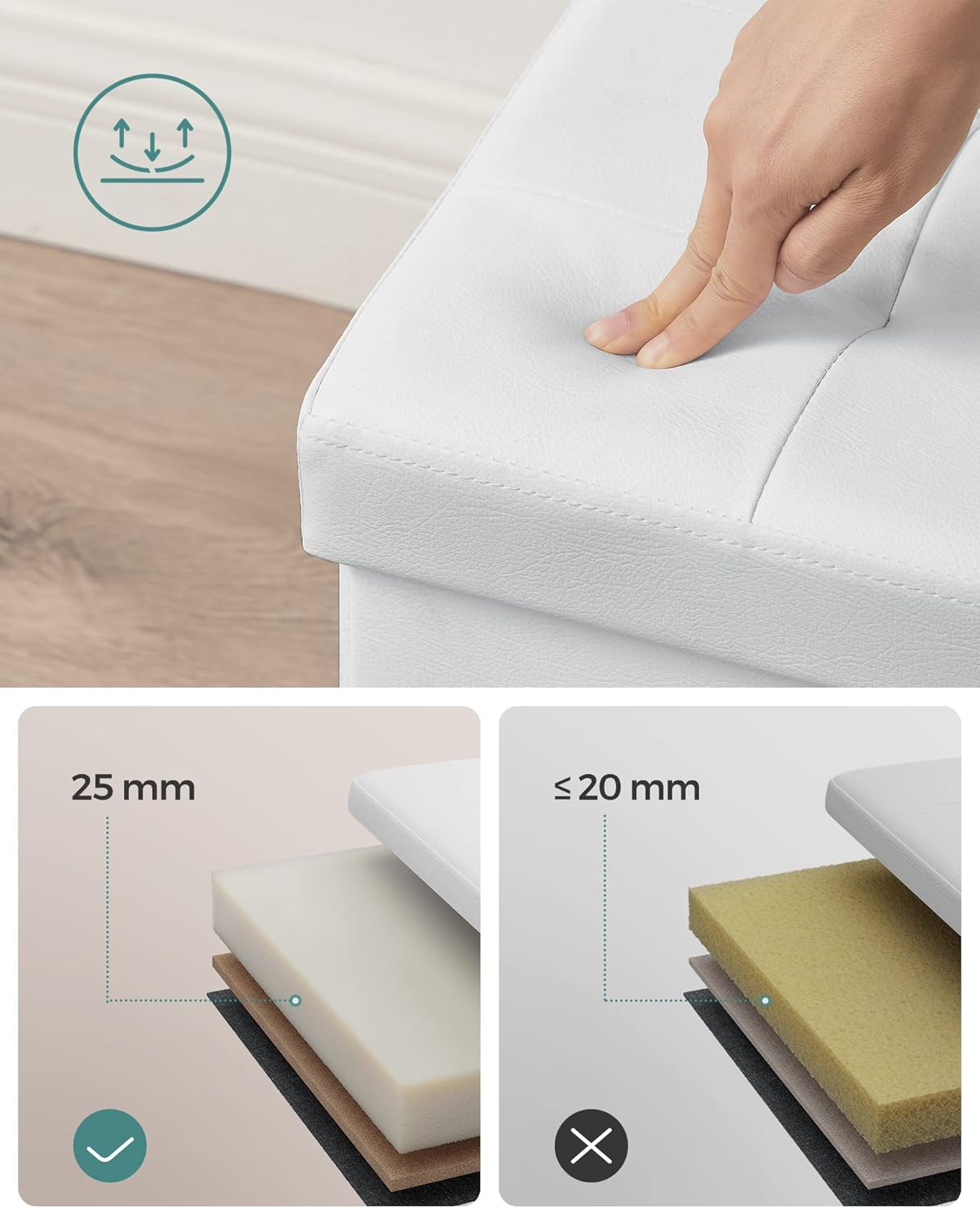 SONGMICS Taburet pliabil cu sezut moale, spatiu depozitare 80 litri, max 300kg, 76x38x38 cm, alb