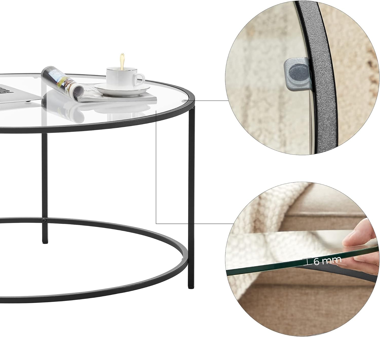 VASAGLE Masa de cafea rotunda, din sticla securizata cu cadru metalic, 84x84x45cm, negru