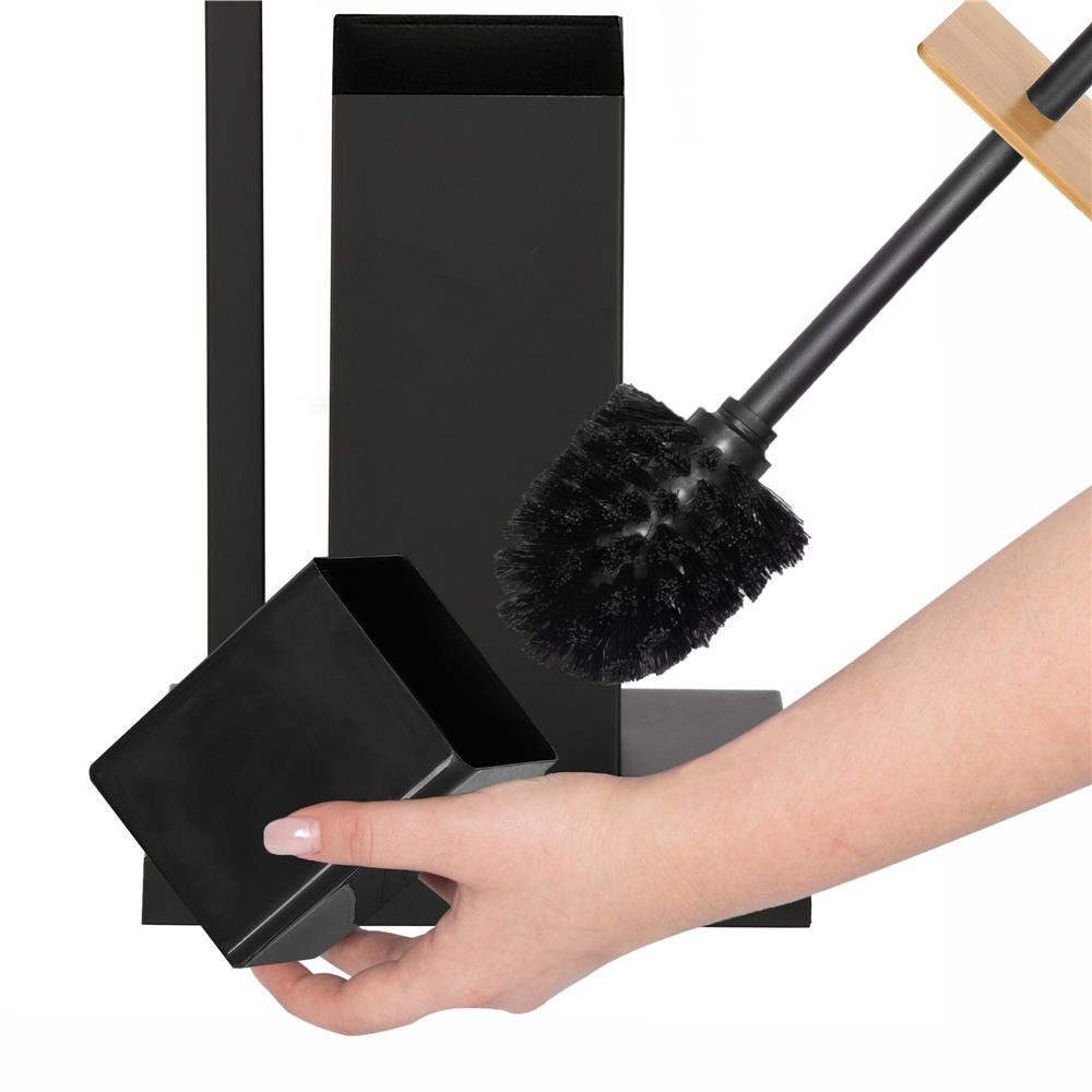 Stand cu perie WC si suport hartie igienica, metal si bambus, 79cm, negru